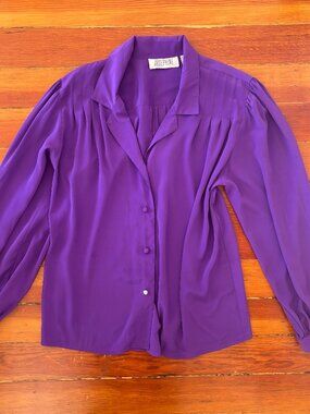 80s Vintage Maximalist Purple Button Down Puff Sleeve Secretary Blouse Josephine